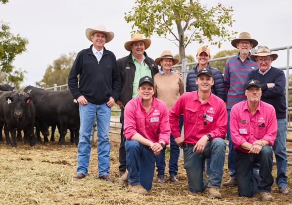 Auctioneer Paul Dooley, Tamworth, Russell Hiscox, Walgett, volume buyers Annie O'Brien, Come By Chance, Jessica Morton and Leon Price, Roma, Qld, Michael O'Brien, Come By Chance, and (front) Te Mania's Sam Reid, Edward Gubbins, and James McCormack. Picture by Rebecca Nadge